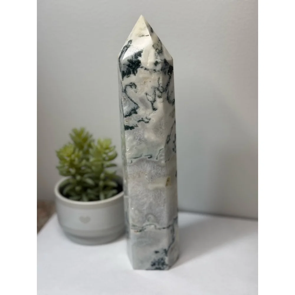 Green/White Moss Agate Druzy Tower